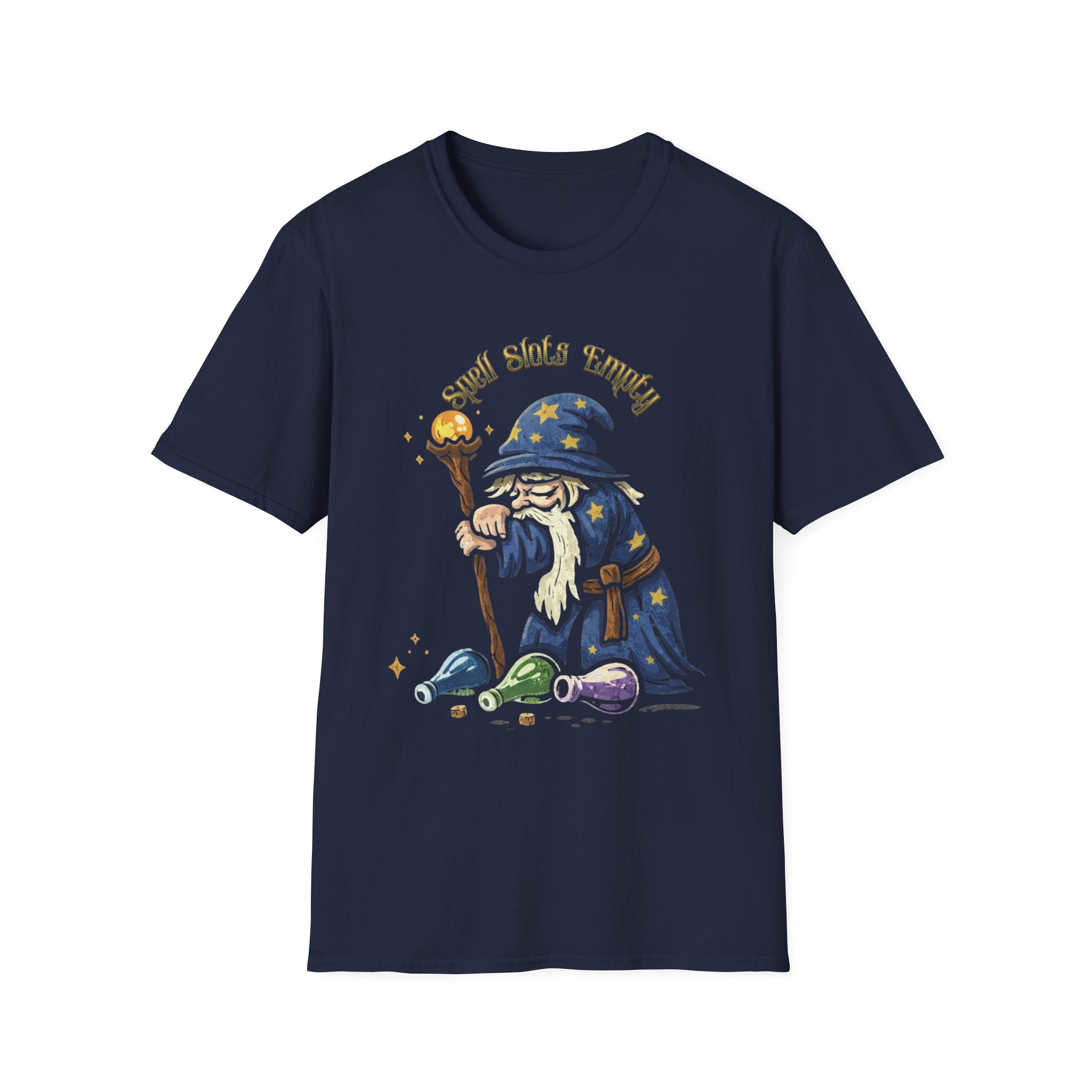 Sad Wizard Illustration T-Shirt | Cute Wizard With Staff, Stars & Potions