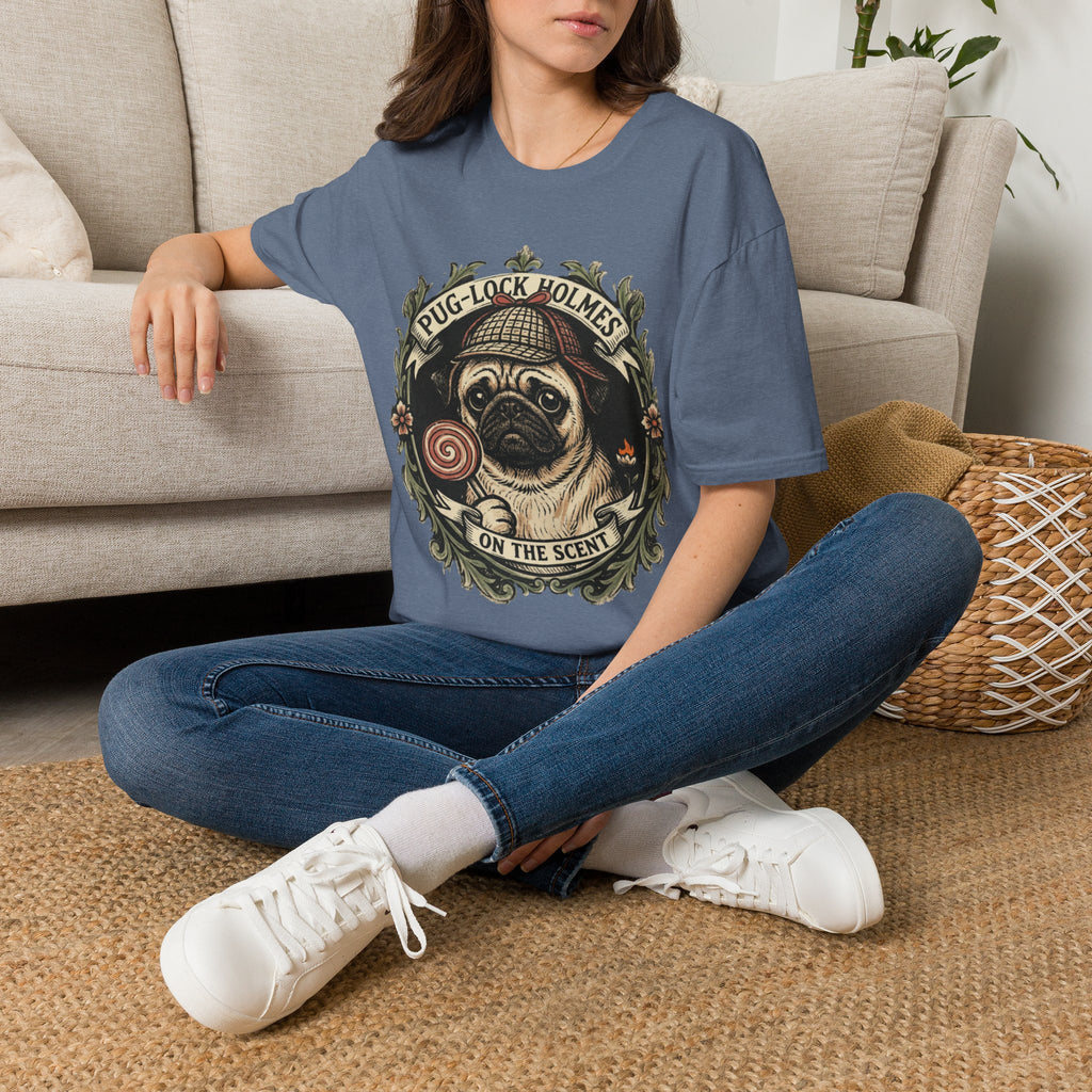 Pug-Lock Holmes Illustration T-Shirt | Pug Detective Vintage Badge