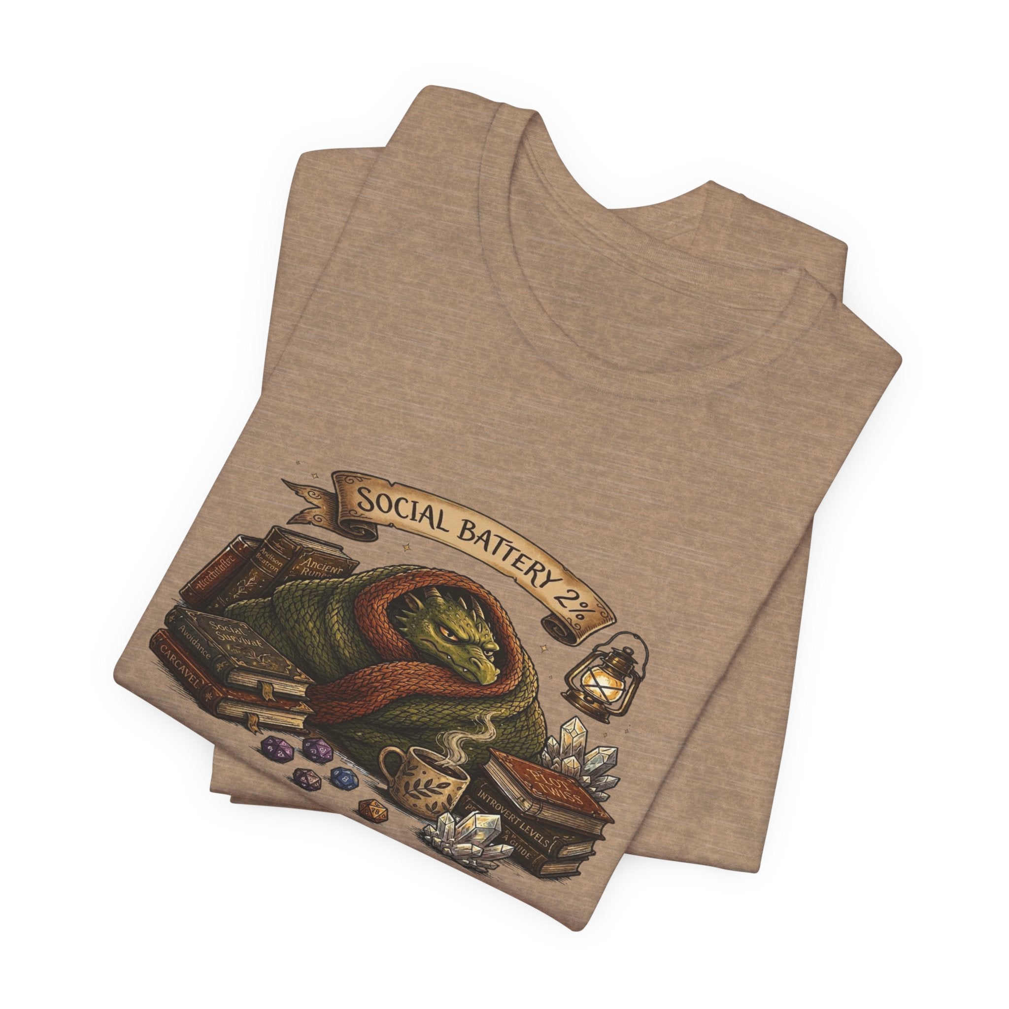 Social Battery Low dragon illustration T-Shirt | cozy book stack