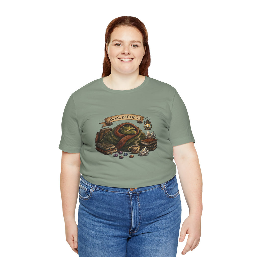 Social Battery Low dragon illustration T-Shirt | cozy book stack