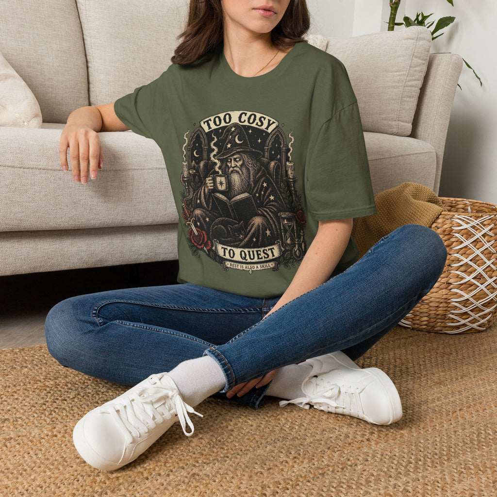 Too Cosy Wizard Illustration T-Shirt | Fantasy Mage Coffee Design